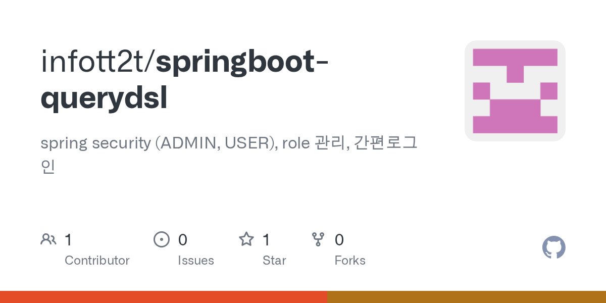 tt2t2am1118's tweet card. spring security (ADMIN, USER), role 관리, 간편로그인. Contribute to infott2t/springboot-querydsl development by creating an account on GitHub.
