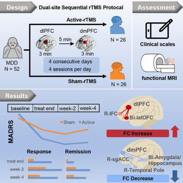CellRepMed's tweet card. Zhao et al. developed an accelerated dual-site rTMS protocol sequentially targeting the left dlPFC and dmPFC, demonstrating rapid and sustained antidepressant effects, possibly through normalizing...