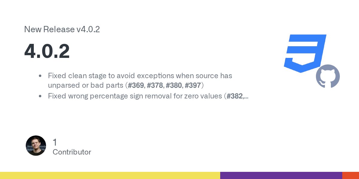 cssoptimizer's tweet card. Fixed clean stage to avoid exceptions when source has unparsed or bad parts (#369, #378, #380, #397) Fixed wrong percentage sign removal for zero values (#382, #395)