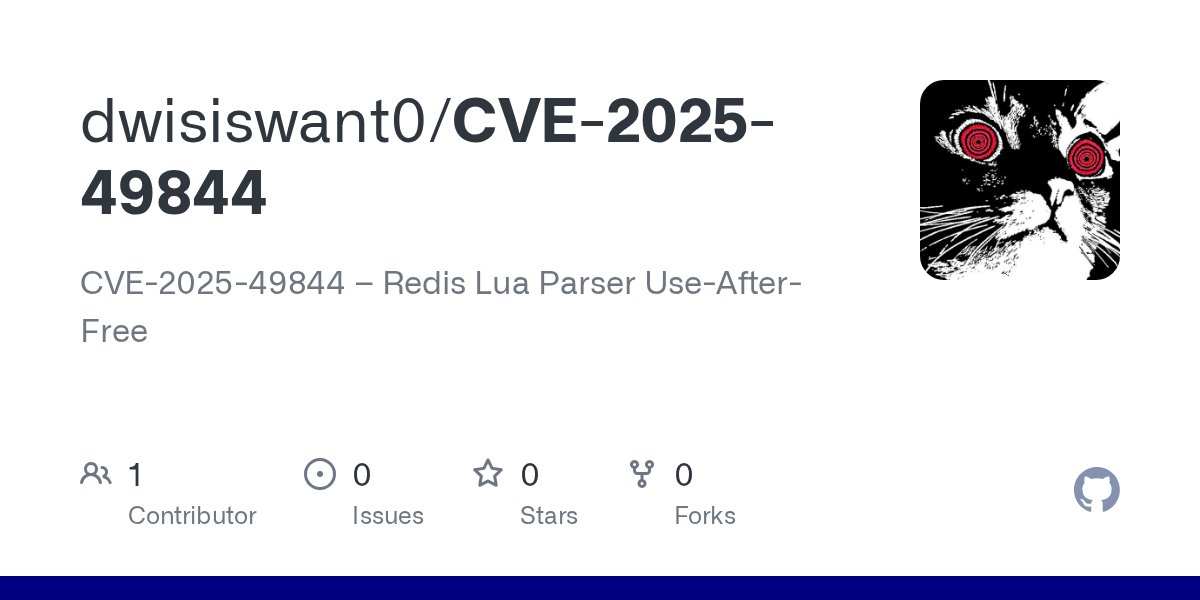 cyb3rops's tweet card. CVE-2025-49844 – Redis Lua Parser Use-After-Free. Contribute to dwisiswant0/CVE-2025-49844 development by creating an account on GitHub.