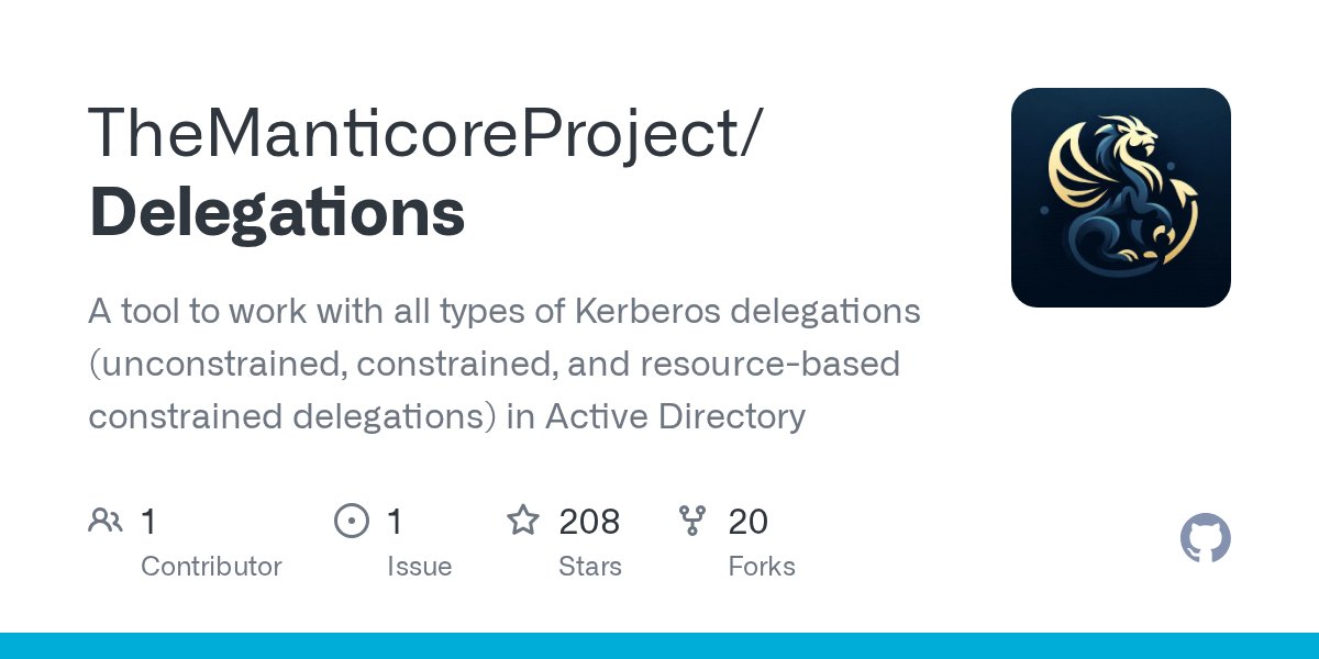 NtAlexio2's tweet card. A tool to work with all types of Kerberos delegations (unconstrained, constrained, and resource-based constrained delegations) in Active Directory - TheManticoreProject/Delegations