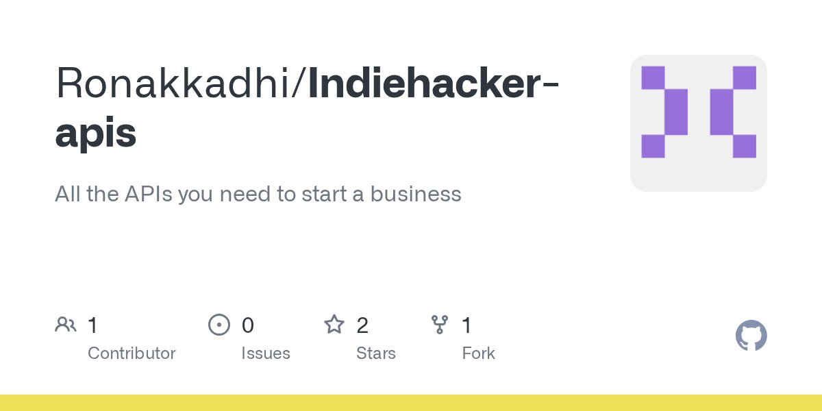 ronakkadhi's tweet card. All the APIs you need to start a business . Contribute to Ronakkadhi/Indiehacker-apis development by creating an account on GitHub.
