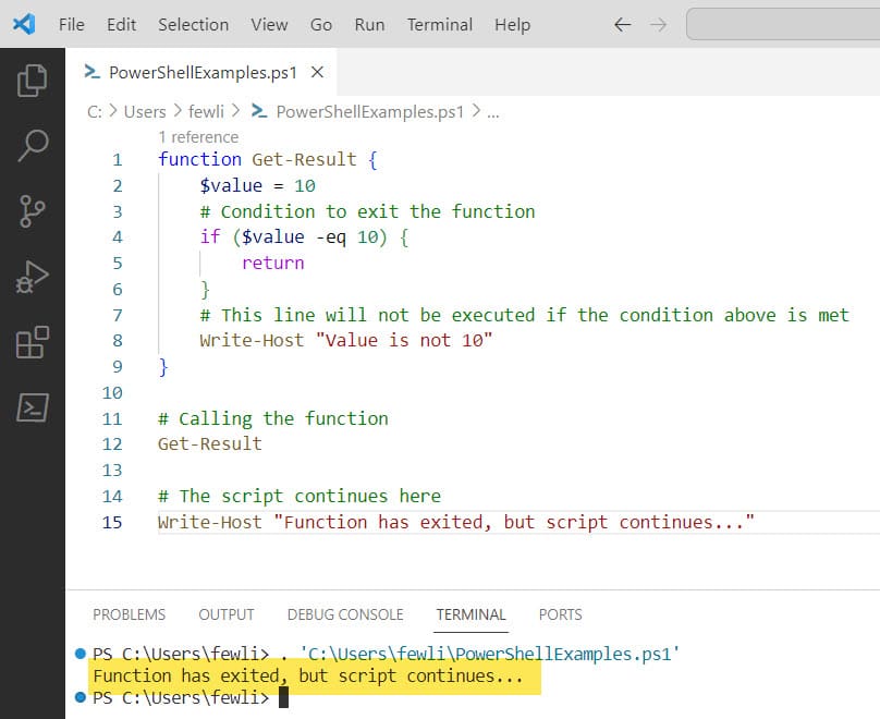 fewlines4biju's tweet card. This PowerShell script tutorial, Learn how to Exit a Function Without Stopping the Script in PowerShell with example.