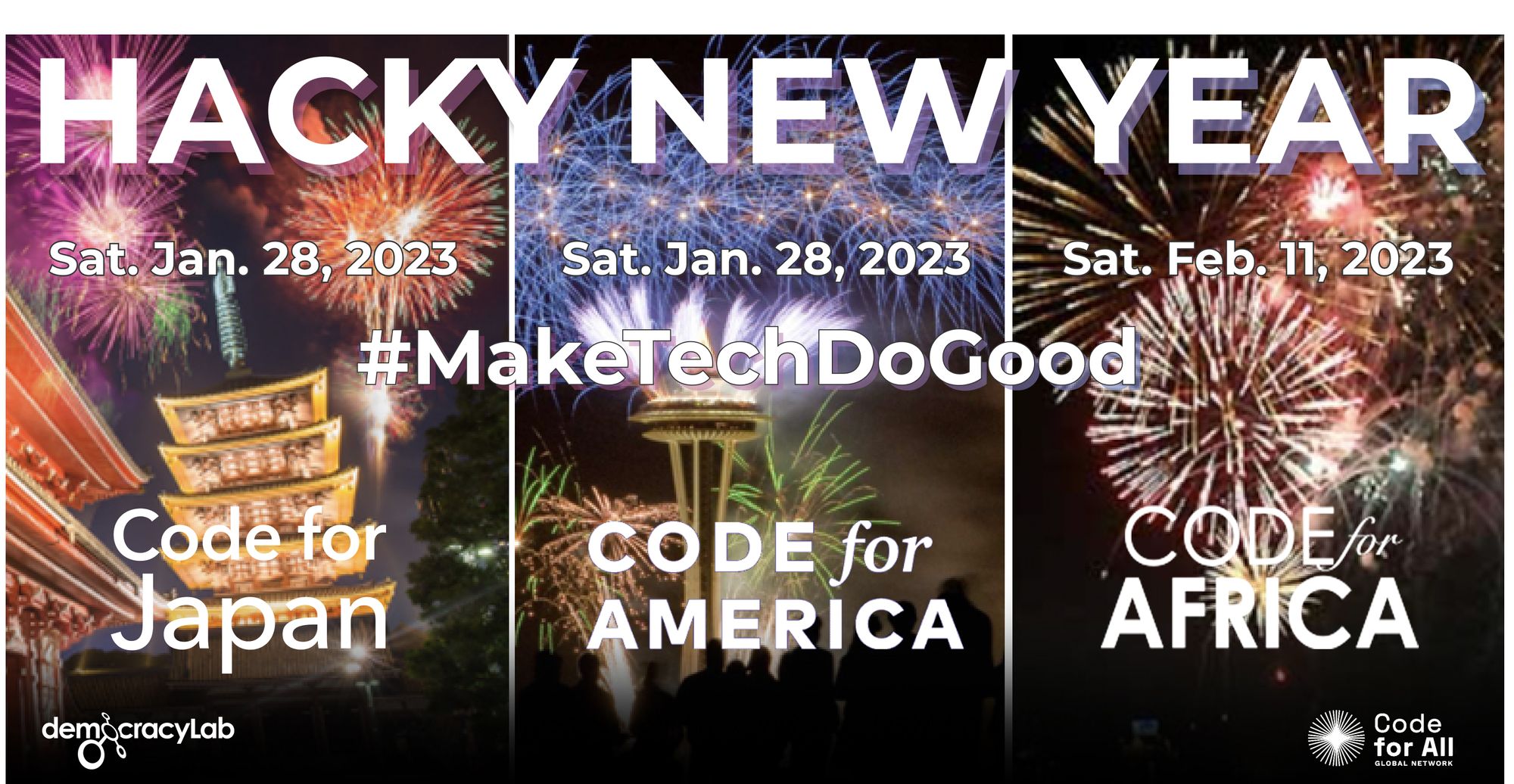 DemocracyLab's tweet card. At Hacky New Year 2023 we explored new partnerships and models of collaboration to convene what we believe was the world’s first public, hybrid, multi-location, tech-for-good hackathon.