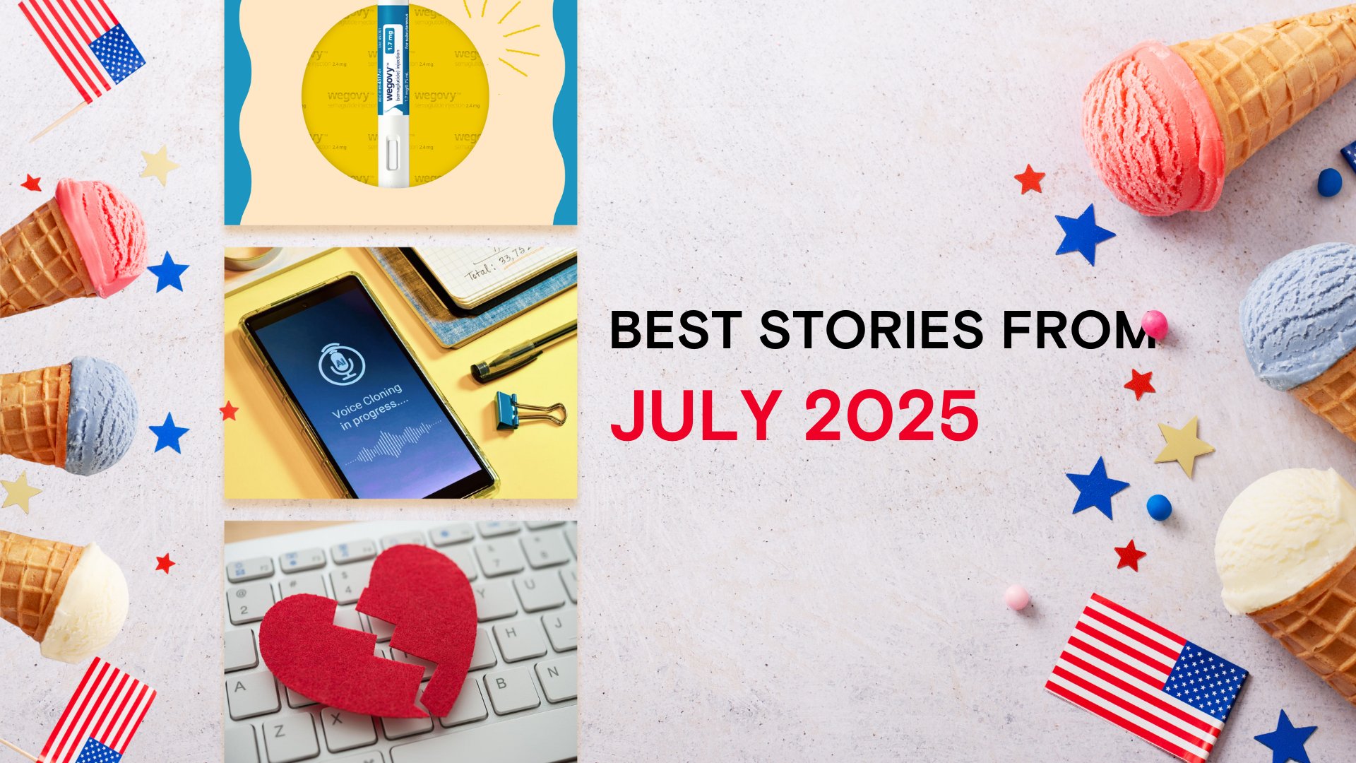 Stacker's tweet card. Check out several stories from July that highlight scams consumers need to be aware of, ones surrounding romance, AI impersonation, and weight loss drugs.