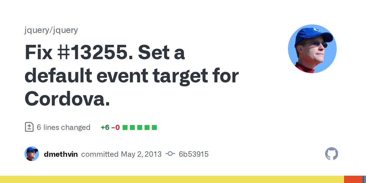 jquerycommits's tweet card. Fix #13255. Set a default event target for Cordova. · jquery/jquery@6b53915