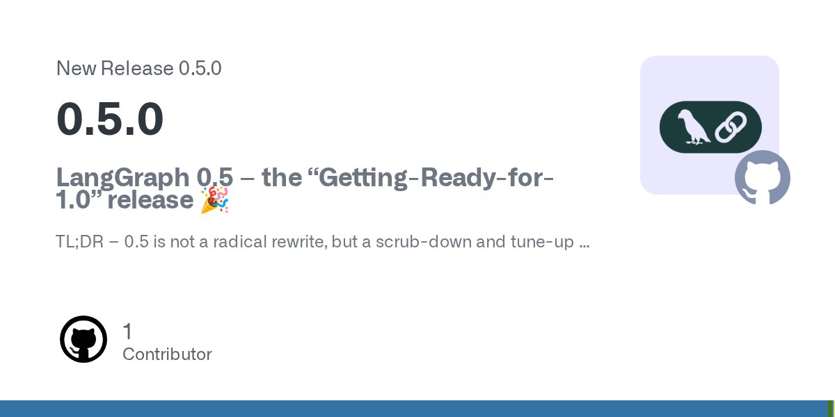 sydneyrunkle's tweet card. LangGraph 0.5 – the “Getting-Ready-for-1.0” release 🎉 TL;DR – 0.5 is not a radical rewrite, but a scrub-down and tune-up of the LangGraph core. APIs are a little stricter, you have more control...