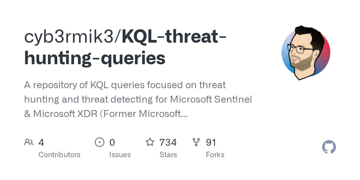 Cyb3rMik3's tweet card. A repository of KQL queries focused on threat hunting and threat detecting for Microsoft Sentinel & Microsoft XDR (Former Microsoft 365 Defender). - cyb3rmik3/KQL-threat-hunting-queries