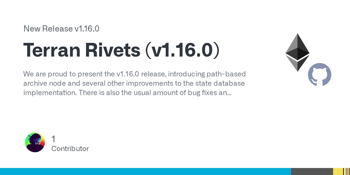 go_ethereum's tweet card. We are proud to present the v1.16.0 release, introducing path-based archive node and several other improvements to the state database implementation. There is also the usual amount of bug fixes and...
