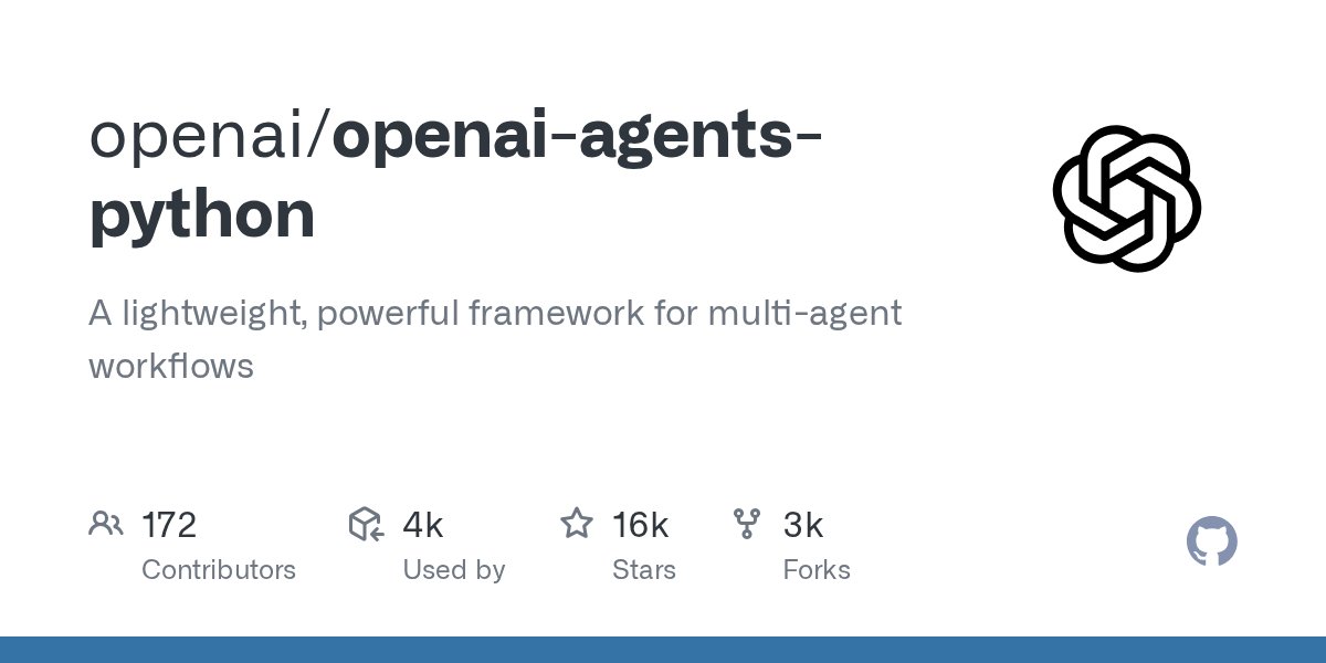 github_trends's tweet card. A lightweight, powerful framework for multi-agent workflows - openai/openai-agents-python