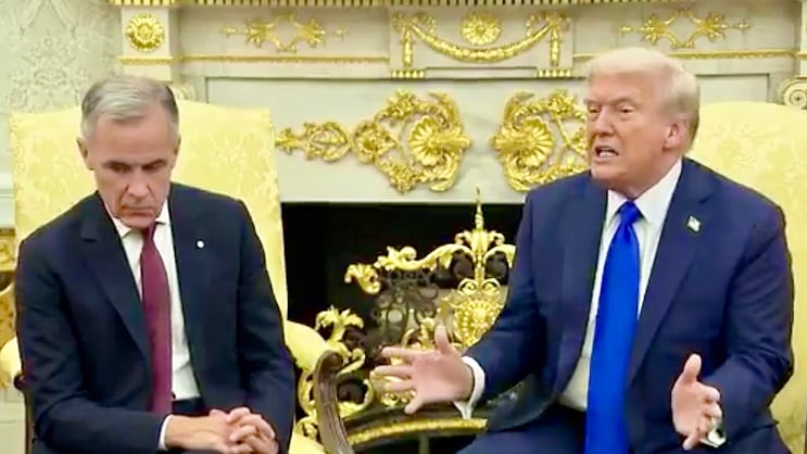 WestgateSen's tweet card. Trump mocks Carney and Canada in White House political theatre — no deal on tariffs