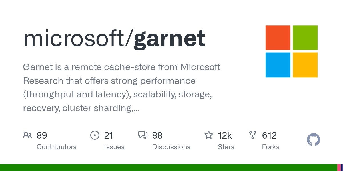 davidfowl's tweet card. Garnet is a remote cache-store from Microsoft Research that offers strong performance (throughput and latency), scalability, storage, recovery, cluster sharding, key migration, and replication feat...
