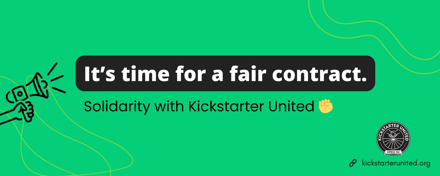 ksr_united's tweet card. Dear Kickstarter Creators & Allies, We’re writing to you as Kickstarter United—the union of designers, support specialists, product managers, engineers, and more who power this platform and are...