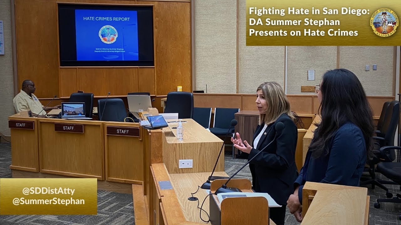 SDDistAtty's tweet card. Fighting Hate in San Diego: DA Summer Stephan Presents on Hate Crimes