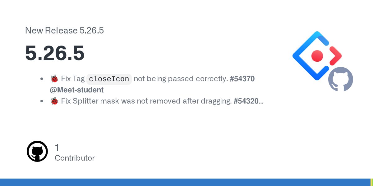 AntDesignUI's tweet card. 🐞 Fix Tag closeIcon not being passed correctly. #54370 @Meet-student 🐞 Fix Splitter mask was not removed after dragging. #54320 @QdabuliuQ 🐞 Fix Modal configuration responsive width did not take...