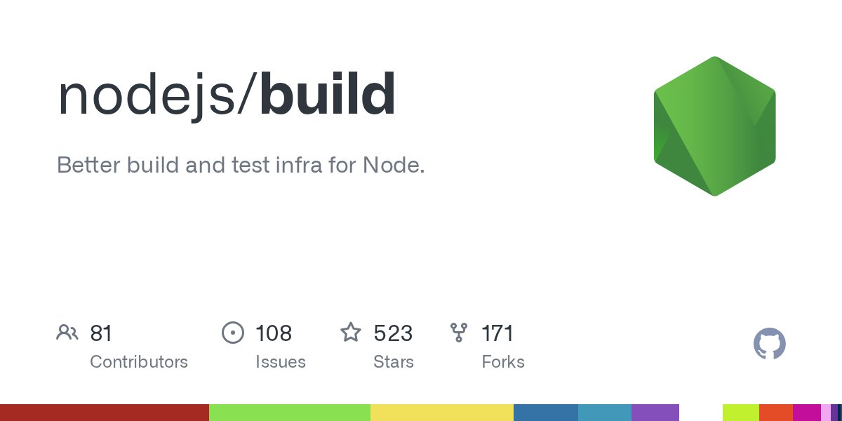 nodejs's tweet card. Better build and test infra for Node. Contribute to nodejs/build development by creating an account on GitHub.