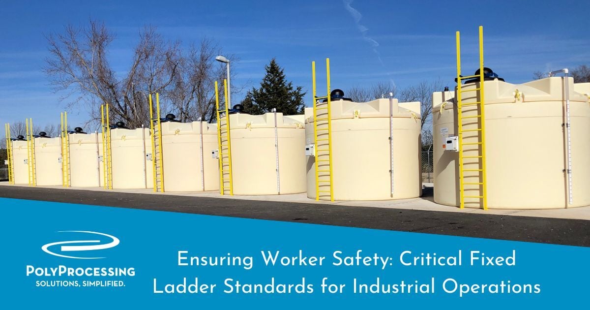 PolyProcessing's tweet card. Learn the 5 critical OSHA fixed ladder standards every chemical facility must follow to prevent falls, ensure compliance, and protect workers.