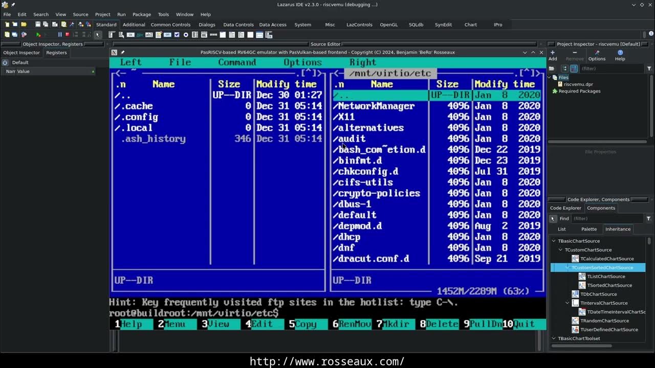 coder's tweet card. PasRISCV demonstration of the new state, an RV64GC RISC-V emulator...
