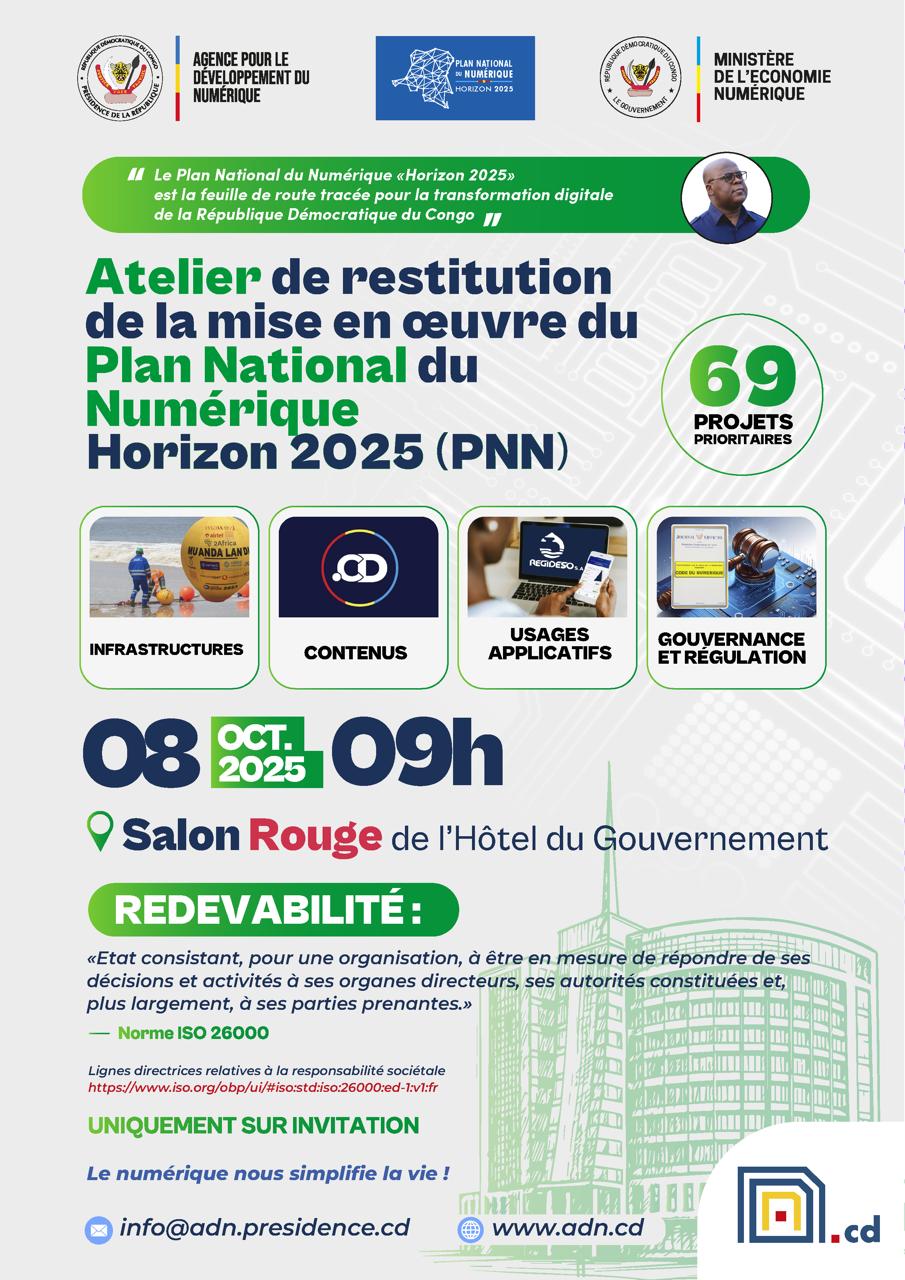 numericocd's tweet card. L’Agence pour le Développement du Numérique (ADN) et le Ministère de l’Économie Numérique organisent, ce mercredi 8 octobre 2025 à Kinshasa, un atelier de restitution consacré à la mise en œuvre du...