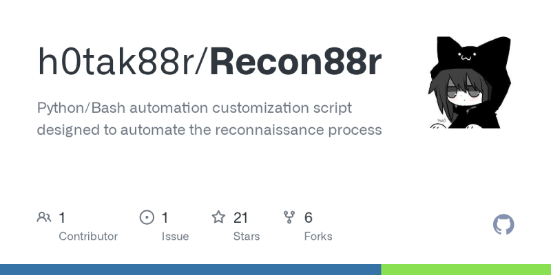 0x88__'s tweet card. https://lnkd.in/d-BdA7EV 🚀 Automate Reconnaissance with Recon88r! 🚀 Hey #infosec community! 👋 Exciting news for penetration testers and bug hunters – I'm thrilled to introduce Recon88r, a Python...