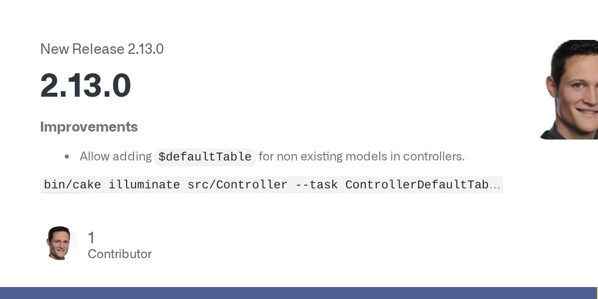 dereuromark's tweet card. Improvements Allow adding $defaultTable for non existing models in controllers. bin/cake illuminate src/Controller --task ControllerDefaultTable