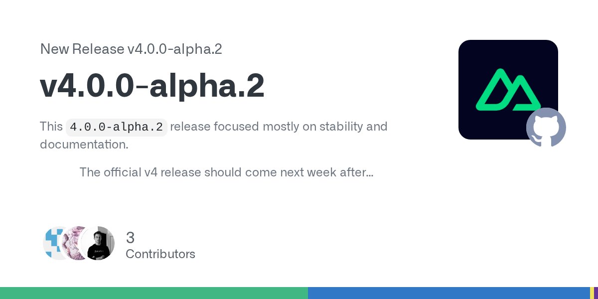 benjamincanac's tweet card. This 4.0.0-alpha.2 release focused mostly on stability and documentation. The official v4 release should come next week after some more testing. 📚 Documentation We've made significant improve...
