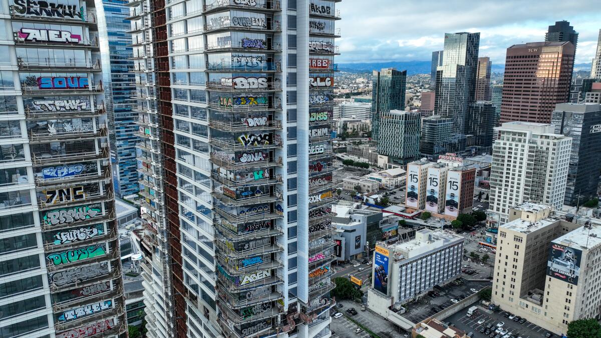 GustavoArellano's tweet card. The colorful graffiti that adorns an abandoned skyscraper in downtown L.A. is, depending on who you ask, petty vandalism that plagues the city or vibrant street art that enriches.