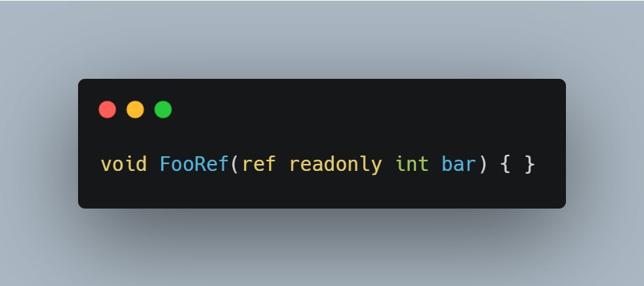 mariusbughiu's tweet card. The ref readonly modifier enables a more transparent way of passing read-only references to a method. Passing of readonly references was already possible in C# by using the in modifier ever since...