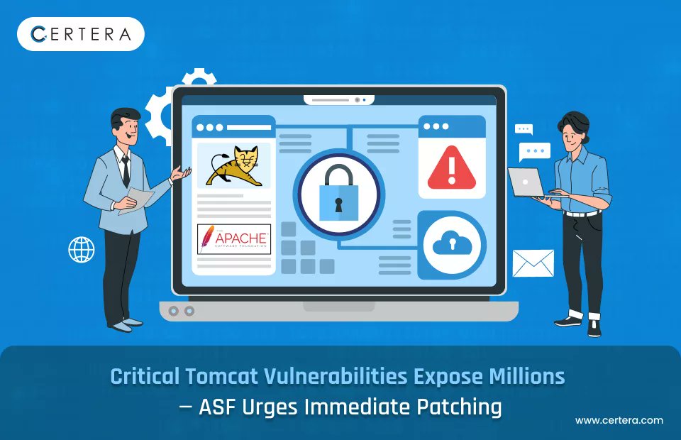 certera_llc's tweet card. Apache Tomcat flaws, affecting Tomcat versions 9.0, 10.1, and 11.0, expose systems to denial-of-service (DoS) attacks, privilege escalation. Follow the actions now!
