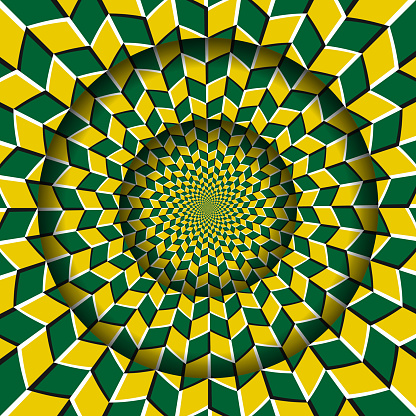 yurrey_p's tweet card. Abstract round frame with a moving yellow green rhombuses pattern. Optical illusion hypnotic background.