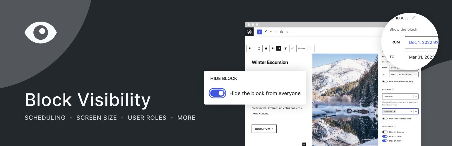 BlockVisibility's tweet card. Easily show or hide any WordPress block. Schedule block visibility. Restrict blocks to specific screen sizes, user roles, post types, and more.