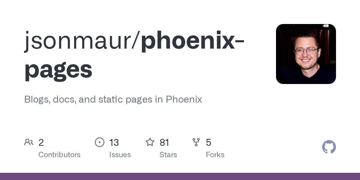 ElixirLibHunt's tweet card. Blogs, docs, and static pages in Phoenix. Contribute to jsonmaur/phoenix-pages development by creating an account on GitHub.