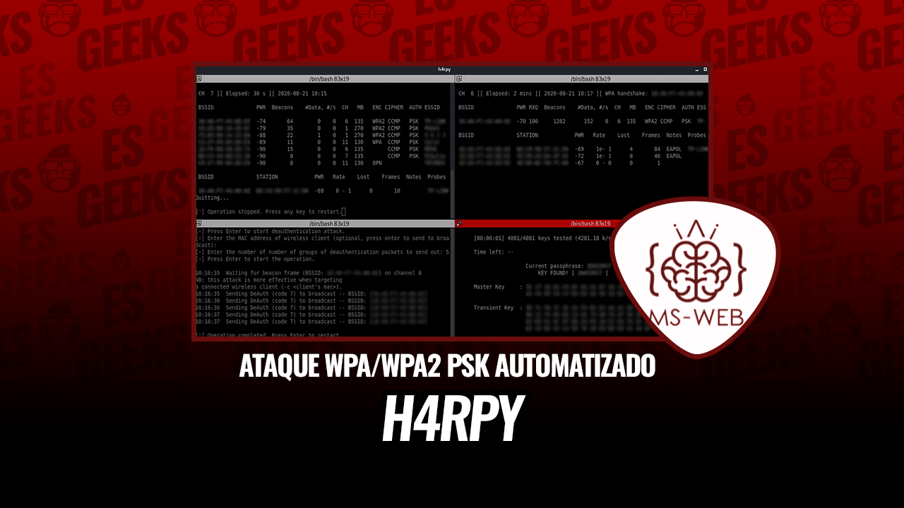 EsGeeks's tweet card. |➨ h4rpy proporciona una interfaz limpia para el craqueo automatizado de redes WPA/WPA2 PSK. Un wrapper del aircrack-ng. ✔