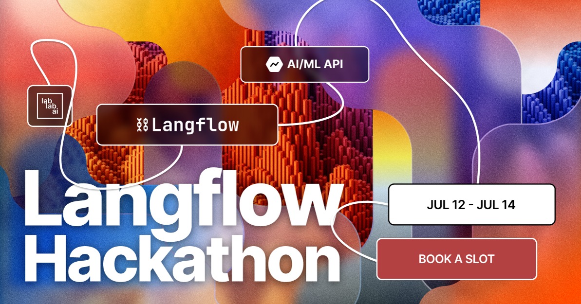 aimlapi's tweet card. ⌚ Jump into a 48-hour journey of app creation and creativity. 🚀 Use Langflow API to build innovative applications. 🎓 Get support and insights from mentors throughout the event. 🏆 Develop the best...