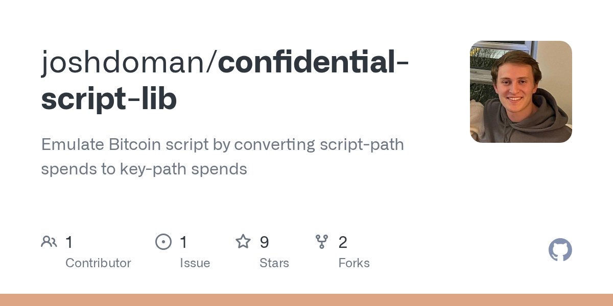 joshdoman_'s tweet card. Emulate Bitcoin script by converting script-path spends to key-path spends - joshdoman/confidential-script-lib