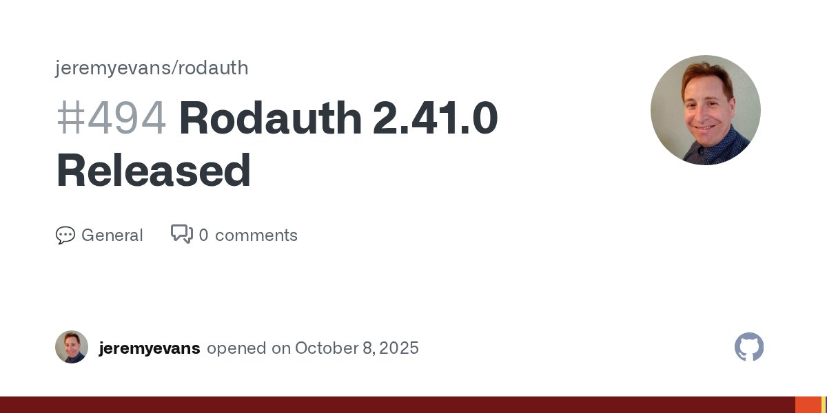 jeremyevans0's tweet card. Rodauth 2.41.0 has been released! Improvements When making a change to an account (e.g. changing a login), tokens for the account are now cleared or reset. Previously, if you requested a password r...