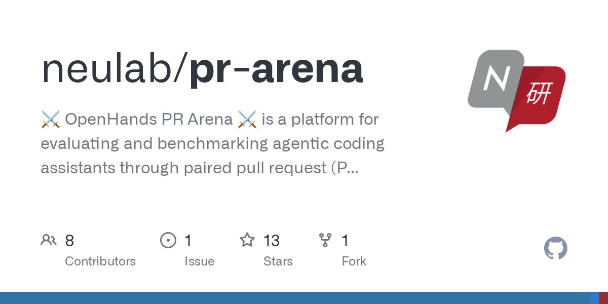 gneubig's tweet card. ⚔️ OpenHands PR Arena ⚔️ is a platform for evaluating and benchmarking agentic coding assistants through paired pull request (PR) generations. - neulab/pr-arena