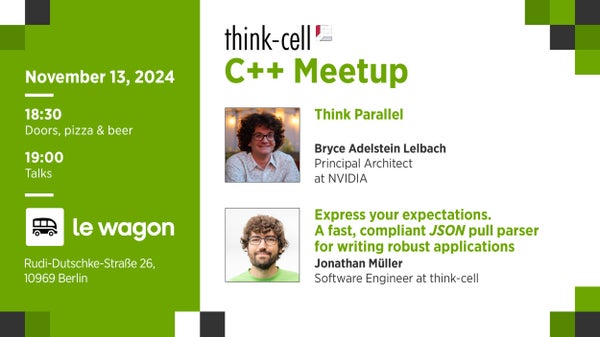 blelbach's tweet card. Join us for a C++ meetup, proudly organized by think-cell, on **Wednesday, November 13, 2024**. The event is for C++ engineers eager to explore the latest industry trends a