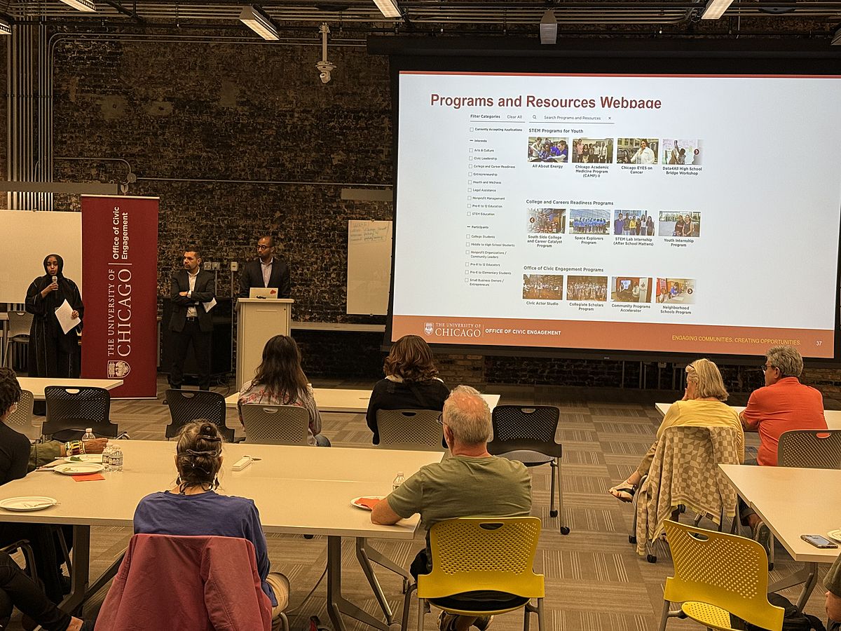 UChiEngagement's tweet card. More that 60 Hyde Park residents gathered at the Polsky Exchange North in downtown Hyde Park this week to hear from University of Chicago representatives and partners on the latest University oppor...