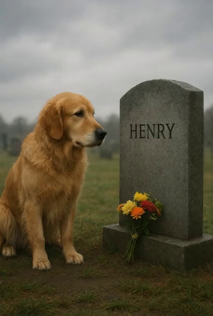 rainbowreact's tweet card. A loyal golden retriever sitting beside a gravestone with flowers at the base, staring at the engraved name. Overcast skies, muted lighting, cinematic realism, emotional and heart-wrenching atmosph...