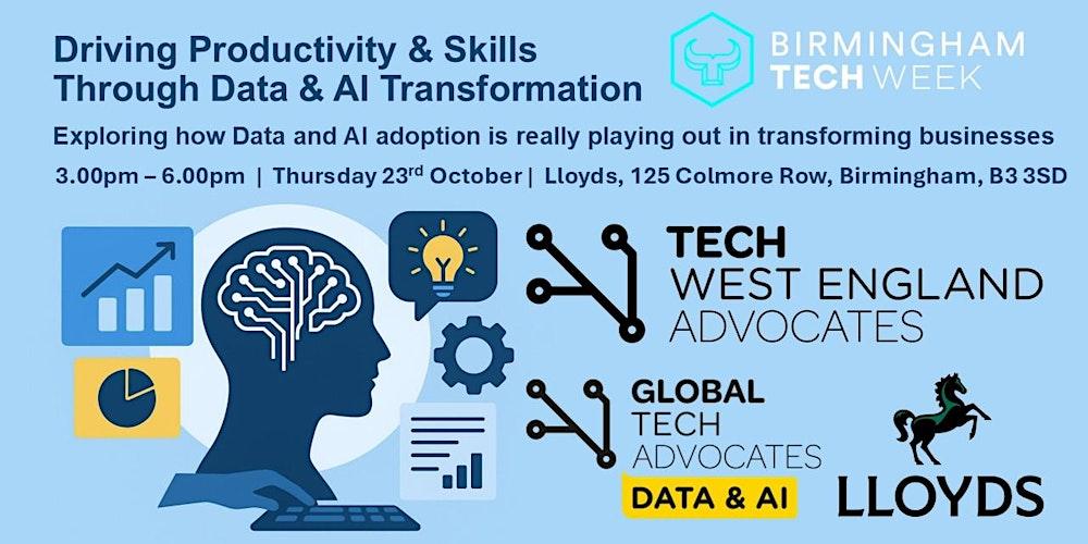 TechSWEAdv's tweet card. BIRMINGHAM TECH WEEK 2025 Join us for two brilliant panels, followed by networking and refreshments. 🚀 Event: Driving Productivity & Skills Through Data & AI Transformation 📅 Thursday, 23 October...