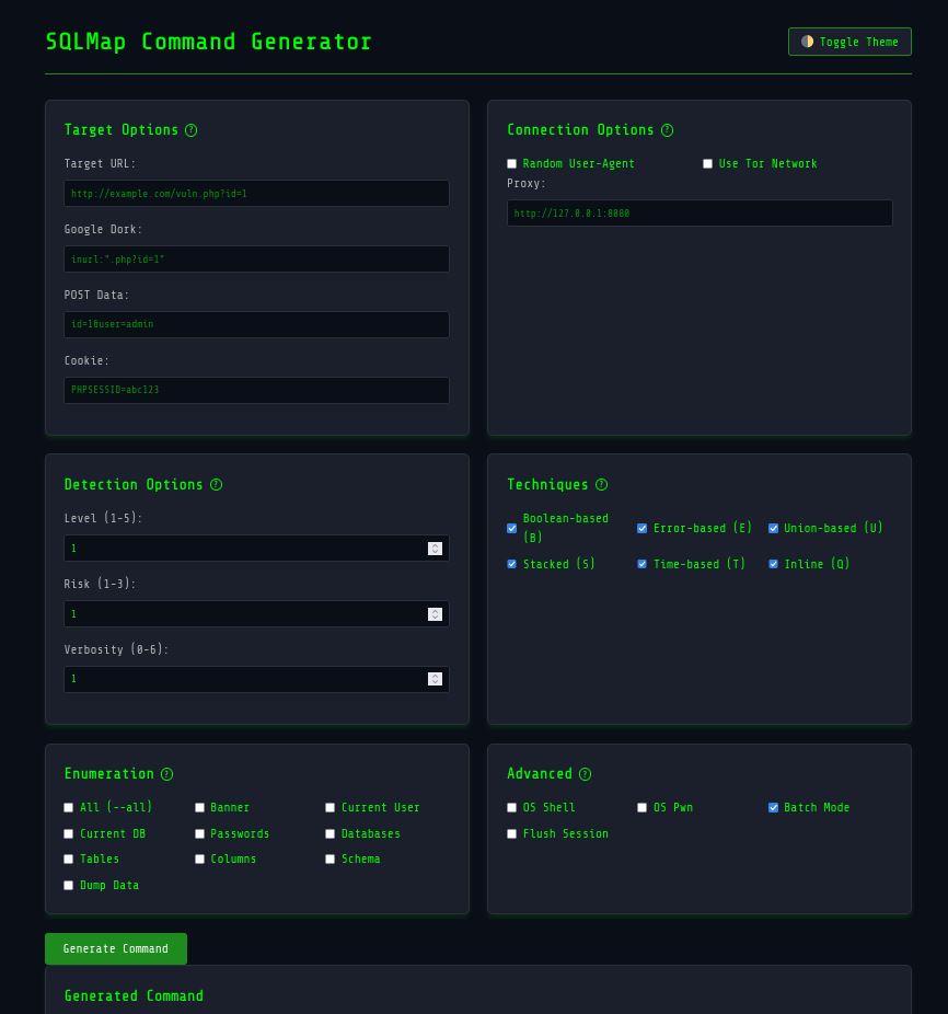 imshewale's tweet card. SQLMap Command Generator: A web-based tool to easily generate customizable SQLMap commands for testing SQL injection vulnerabilities. Features include target configuration, connection options, dete...