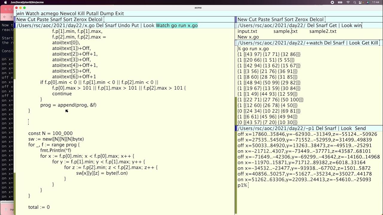 rogpeppe's tweet card. AoC 2021 Day 22 using Go [3-D Switches]