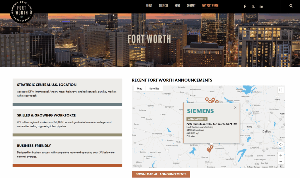 FortworthEDP's tweet card. We’ve updated our Why Fort Worth webpage to make it a go-to resource for site selectors and local leaders alike. Explore an interactive map of recent projects, insights into key industries, workforce...