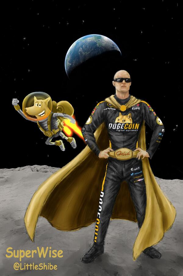 geekword's tweet card. Dogecoin users, or "Shibes," sponsored NASCAR racer Josh Wise to represent their crypto-currency of choice in the Aaron's 499 in Talladega.
