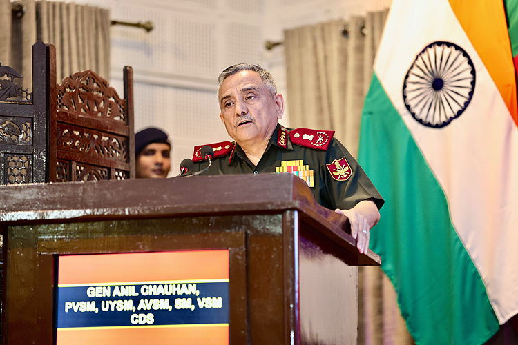 SPsLandForces's tweet card. Chief of Defence Staff General Anil Chauhan was speaking at Ran Samwad 2025, the first tri-service initiative of its kind