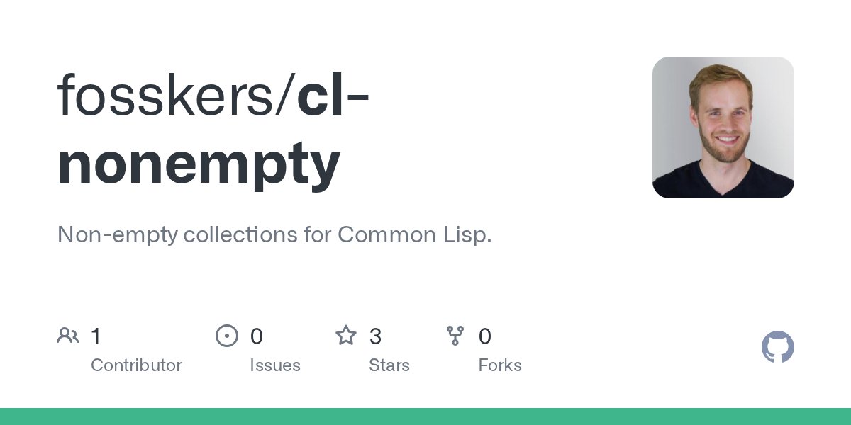 fosskers's tweet card. Non-empty collections for Common Lisp. Contribute to fosskers/cl-nonempty development by creating an account on GitHub.