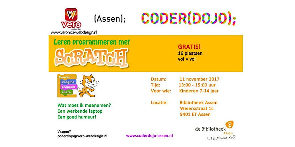 CoderdojoAssen's tweet card. Tijdens de cursus Leren programmeren met Scratch van Assen CoderDojo, maken de kinderen, tussen 7 en 14 jaar, stap voor stap en op eigen tempo kennis met de vele mogelijkheden van Scratch. Hierdoor...