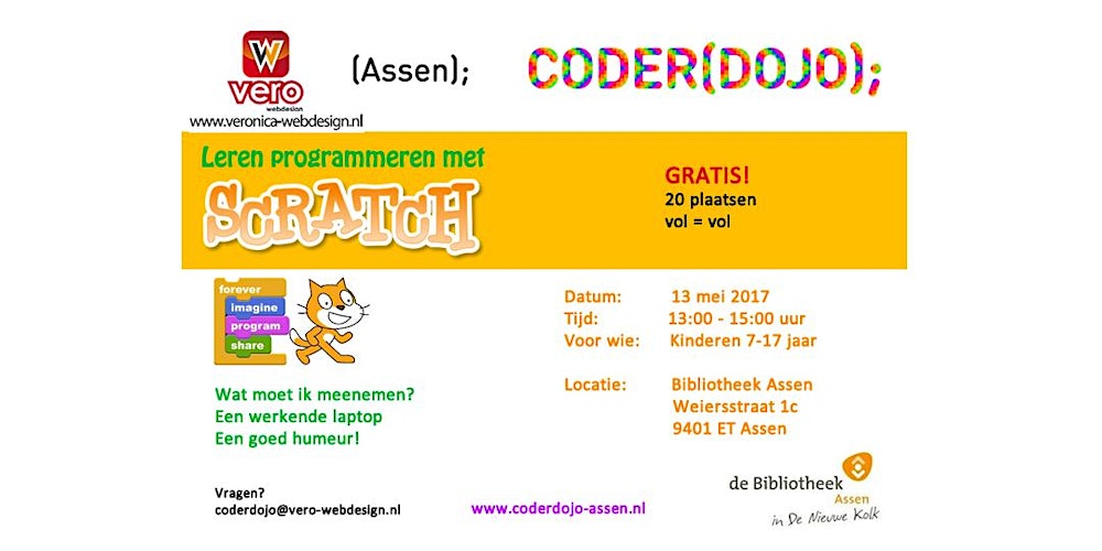 CoderdojoAssen's tweet card. Tijdens de cursus Leren programmeren met Scratch van Assen CoderDojo, maken de kinderen, tussen 7 en 17 jaar, stap voor stap en op eigen tempo kennis met de vele mogelijkheden van Scratch. Hierdoor...