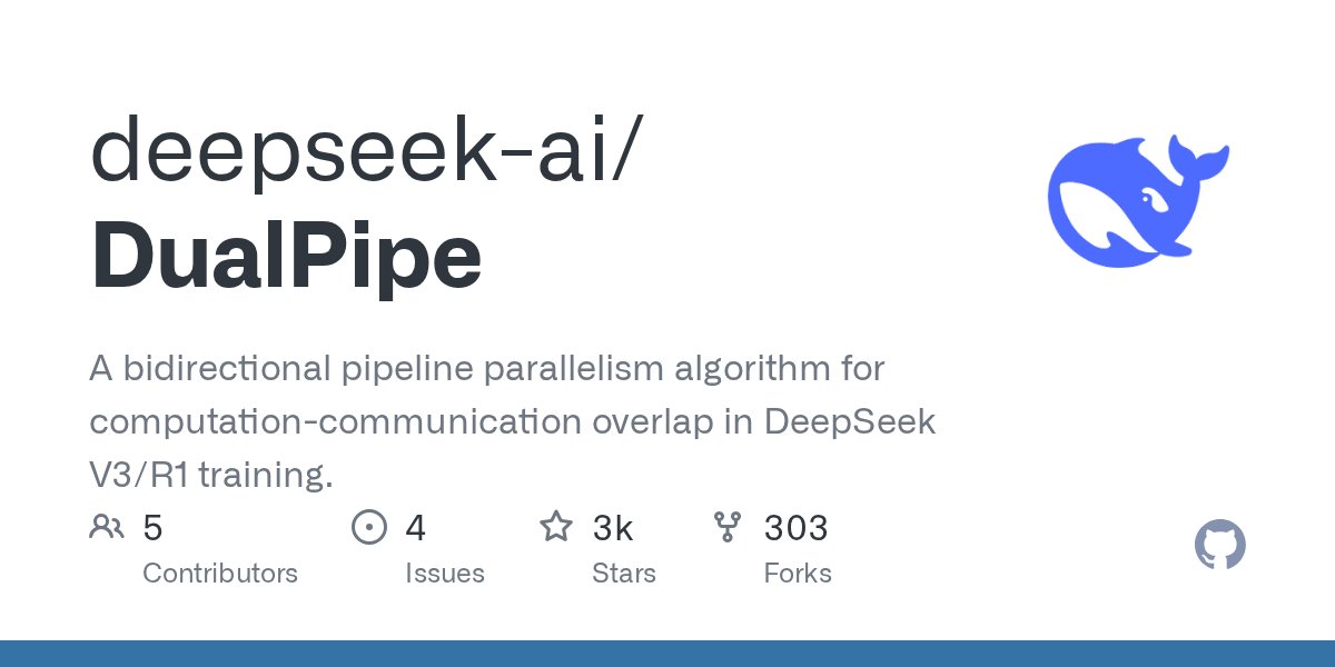deepseek_ai's tweet card. A bidirectional pipeline parallelism algorithm for computation-communication overlap in DeepSeek V3/R1 training. - deepseek-ai/DualPipe